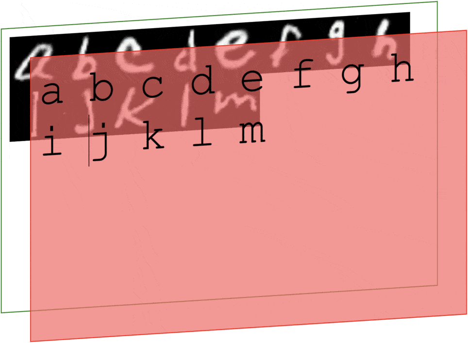 Letters typed on two separated planes. On the front plane, letters are a monospace font. On the back plane they look like white letters handwritten on a black background. When whitespaces are typed, the two texts become misaligned.