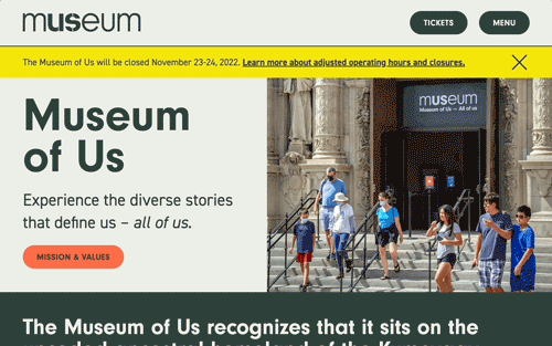 Screen capture of museumofus.org. A palette of greens, yellow and orange. When the menu button is clicked, a full-screen orange menu slides into view.